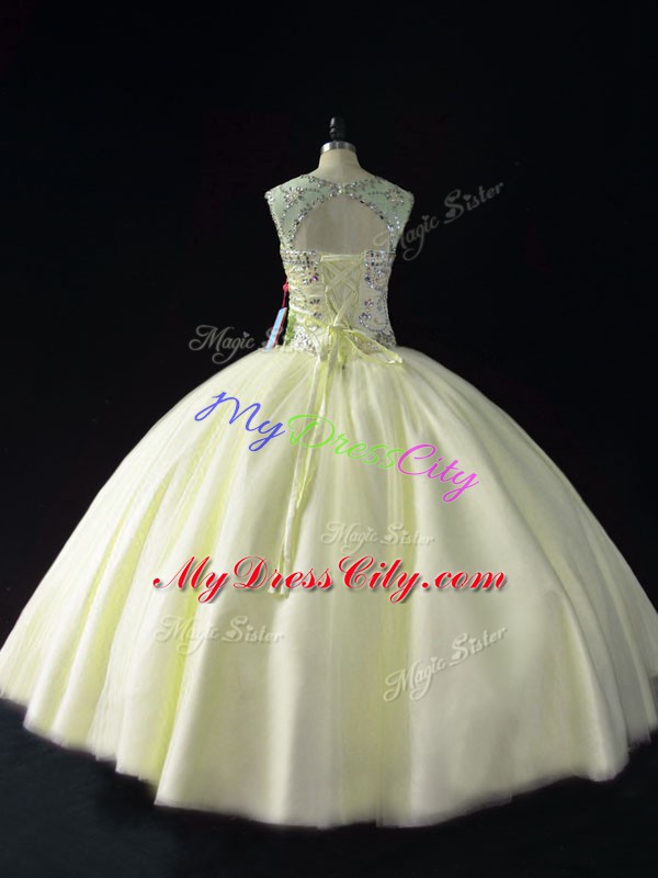 Latest Sleeveless Tulle Floor Length Lace Up 15th Birthday Dress in Light Yellow with Beading