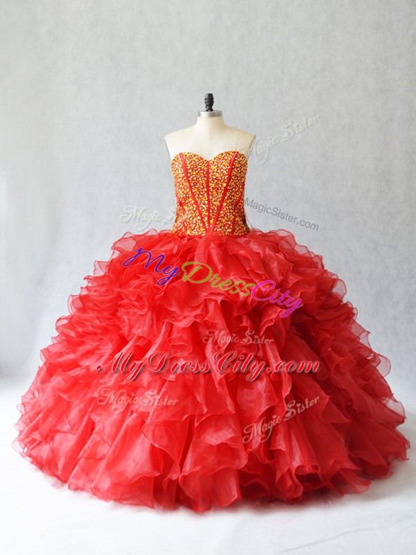 Floor Length Red Quinceanera Dress Sweetheart Sleeveless Lace Up