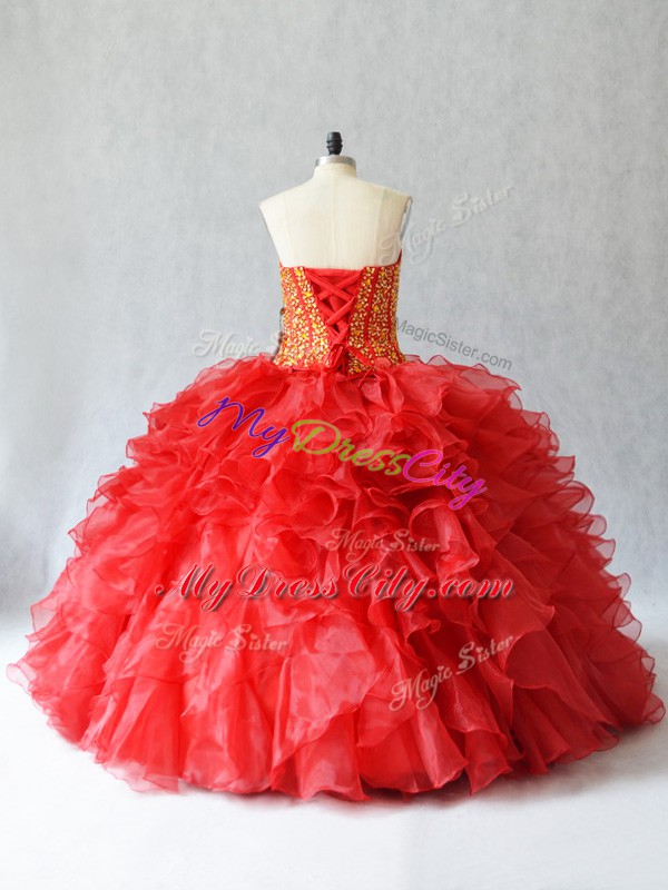 Floor Length Red Quinceanera Dress Sweetheart Sleeveless Lace Up