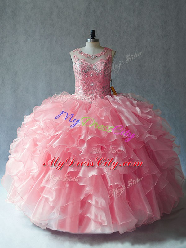 Attractive Pink Scoop Neckline Beading and Ruffles Sweet 16 Dresses Sleeveless Lace Up