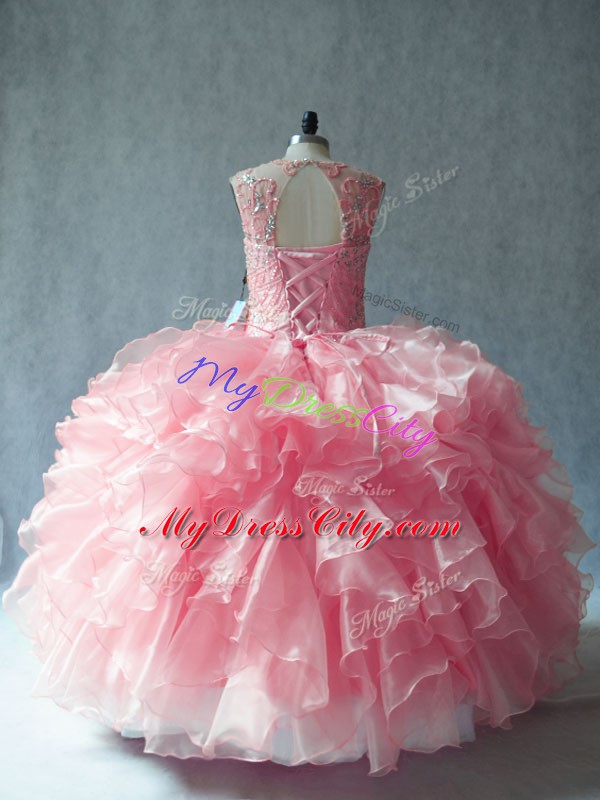 Attractive Pink Scoop Neckline Beading and Ruffles Sweet 16 Dresses Sleeveless Lace Up