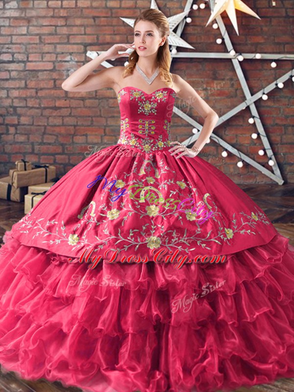 Red Ball Gowns Satin and Organza Sweetheart Sleeveless Embroidery and Ruffled Layers Floor Length Lace Up Quinceanera Dresses