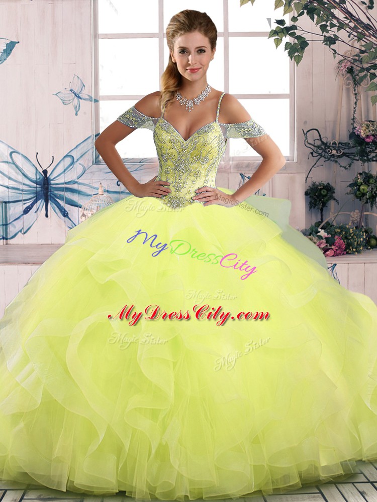 Yellow Green Sleeveless Tulle Side Zipper 15th Birthday Dress for Sweet 16 and Quinceanera