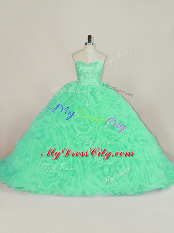 Fantastic Green Lace Up Quinceanera Dresses Beading and Ruffles Sleeveless Court Train