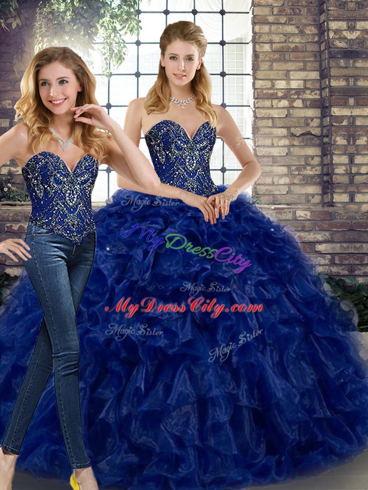 Deluxe Royal Blue Quinceanera Gown Military Ball and Sweet 16 and Quinceanera with Beading and Ruffles Sweetheart Sleeveless Lace Up