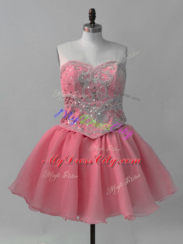 Custom Design Mini Length Watermelon Red Prom Gown Sweetheart Sleeveless Lace Up