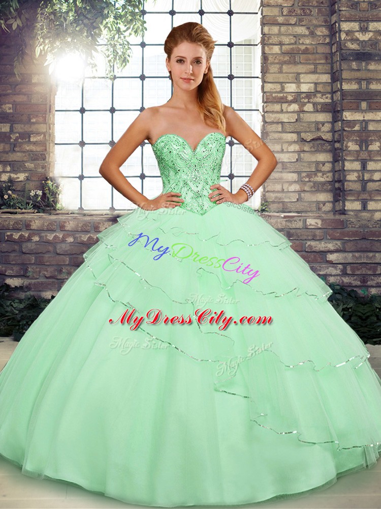 Noble Apple Green Ball Gowns Sweetheart Sleeveless Tulle Brush Train Lace Up Beading and Ruffled Layers 15th Birthday Dress