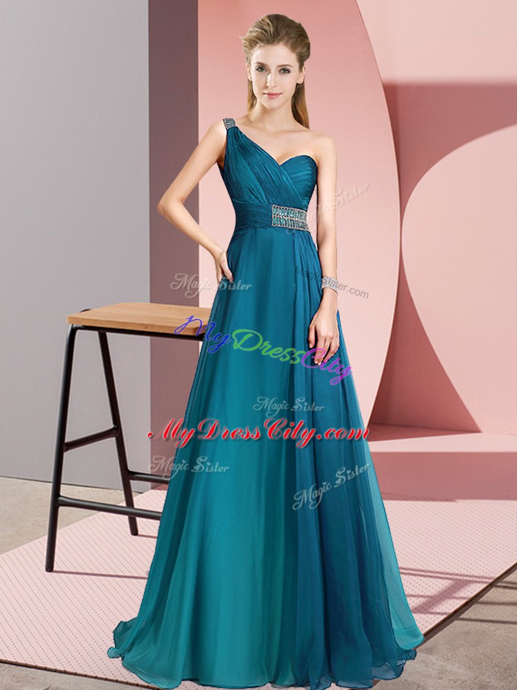 Dazzling Teal Chiffon Criss Cross One Shoulder Sleeveless Going Out Dresses Brush Train Beading