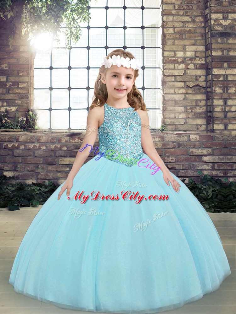 Aqua Blue Kids Pageant Dress Party and Wedding Party with Beading and Appliques Scoop Sleeveless Lace Up