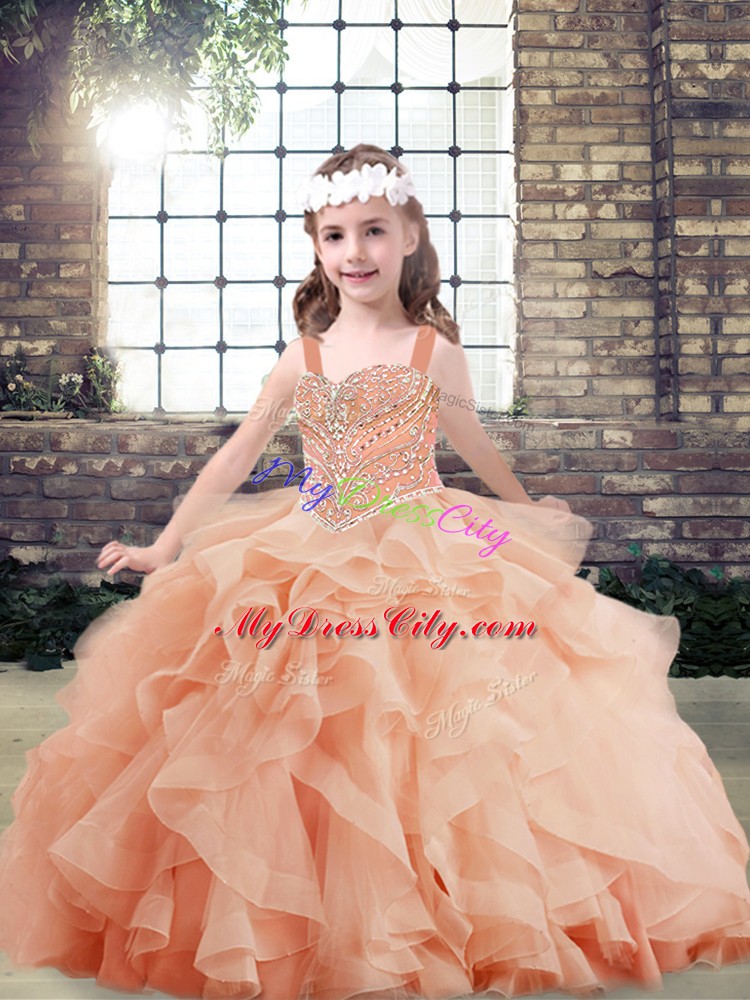 Excellent Peach Glitz Pageant Dress Prom and Party and Wedding Party with Beading and Ruffles Straps Sleeveless Side Zipper