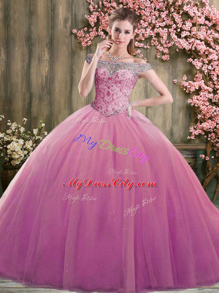 Unique Floor Length Lilac Sweet 16 Dresses Tulle Sleeveless Beading