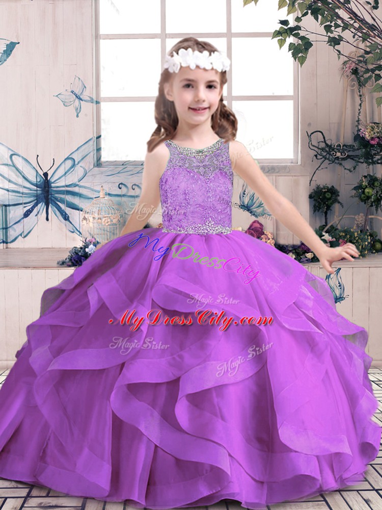 Elegant Floor Length Purple Girls Pageant Dresses Scoop Sleeveless Lace Up