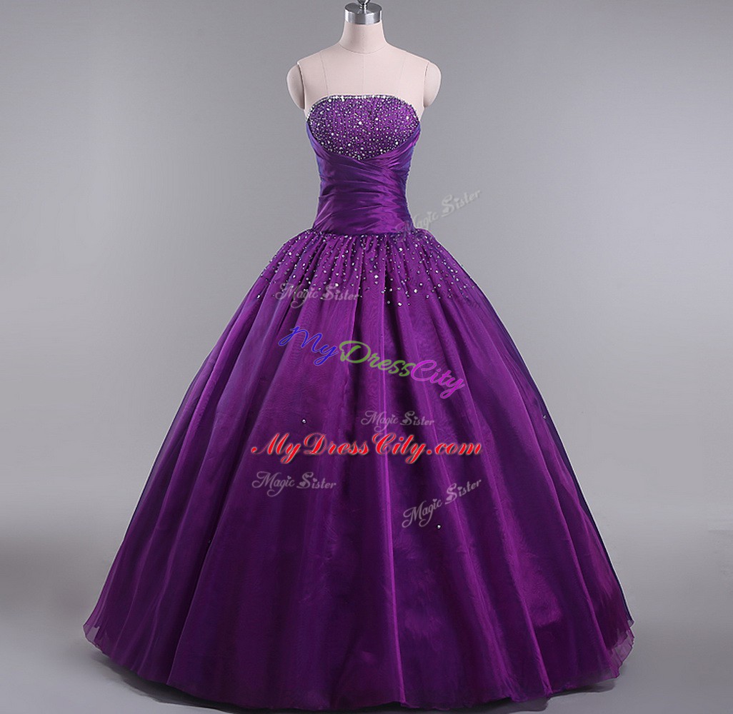 Eggplant Purple Lace Up 15th Birthday Dress Beading and Ruching Sleeveless Floor Length