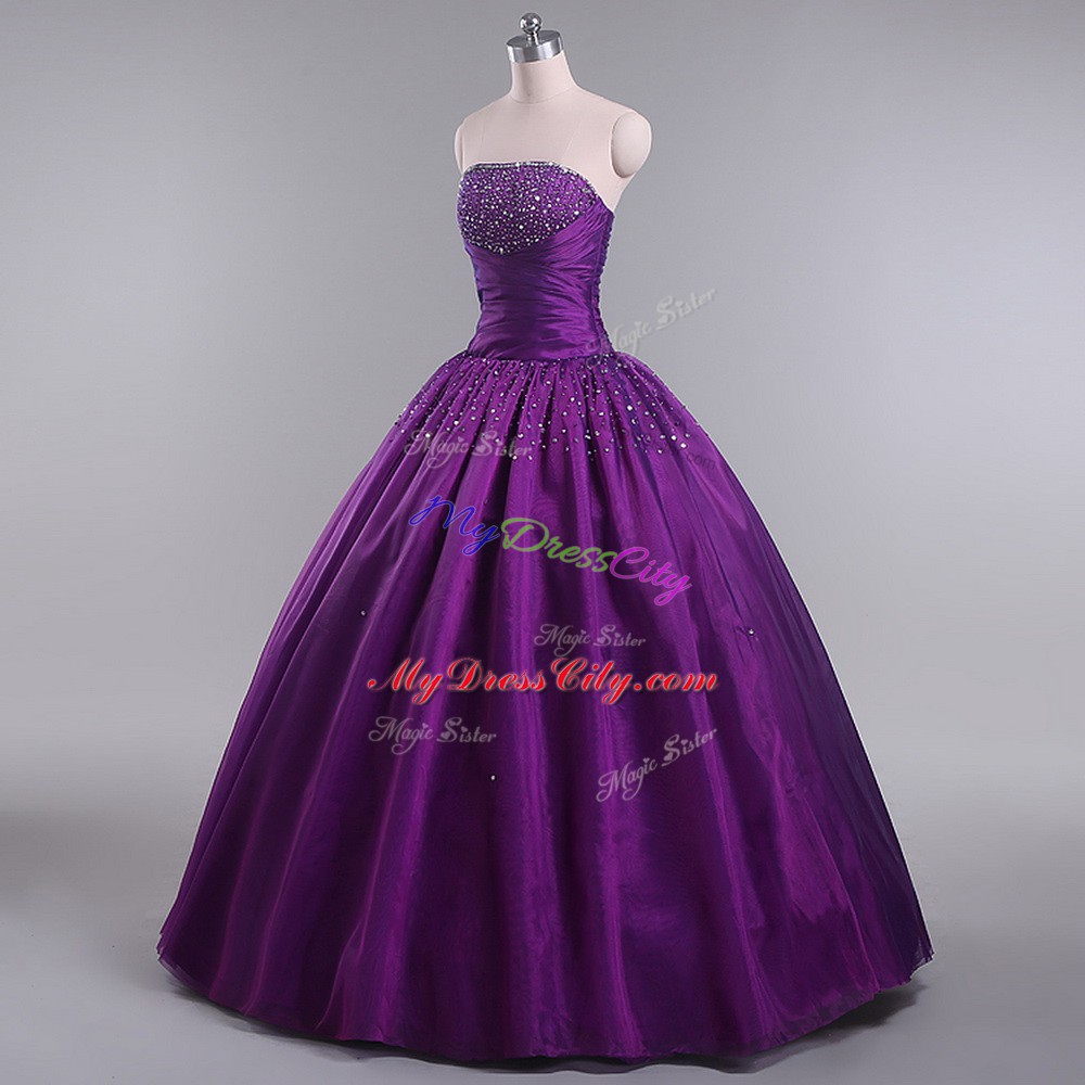 Eggplant Purple Lace Up 15th Birthday Dress Beading and Ruching Sleeveless Floor Length