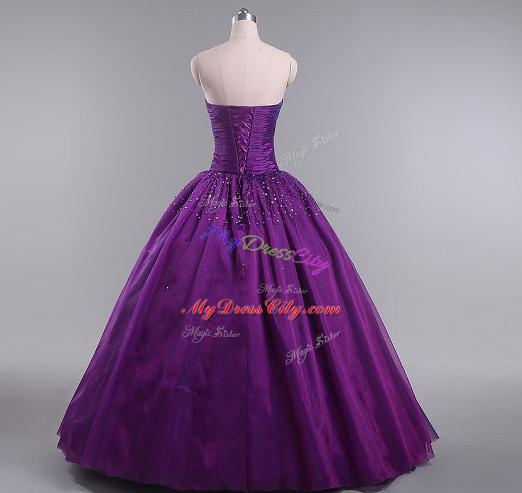 Eggplant Purple Lace Up 15th Birthday Dress Beading and Ruching Sleeveless Floor Length