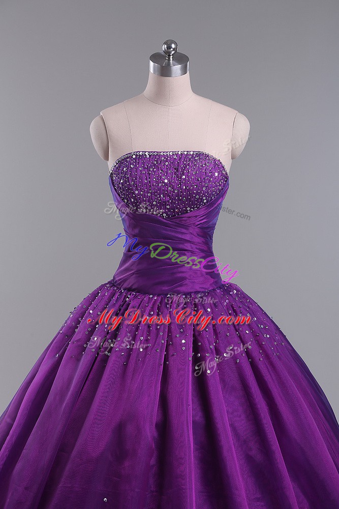 Eggplant Purple Lace Up 15th Birthday Dress Beading and Ruching Sleeveless Floor Length