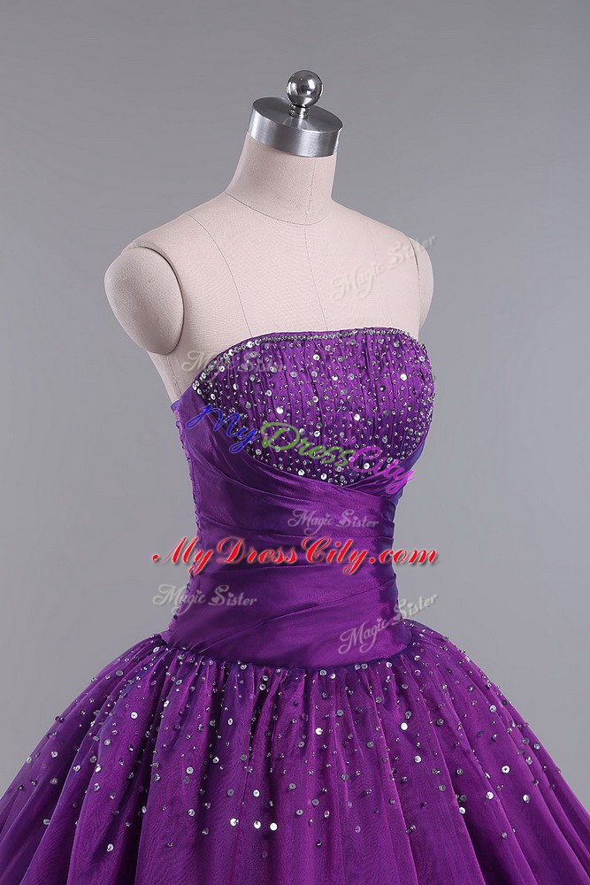 Eggplant Purple Lace Up 15th Birthday Dress Beading and Ruching Sleeveless Floor Length