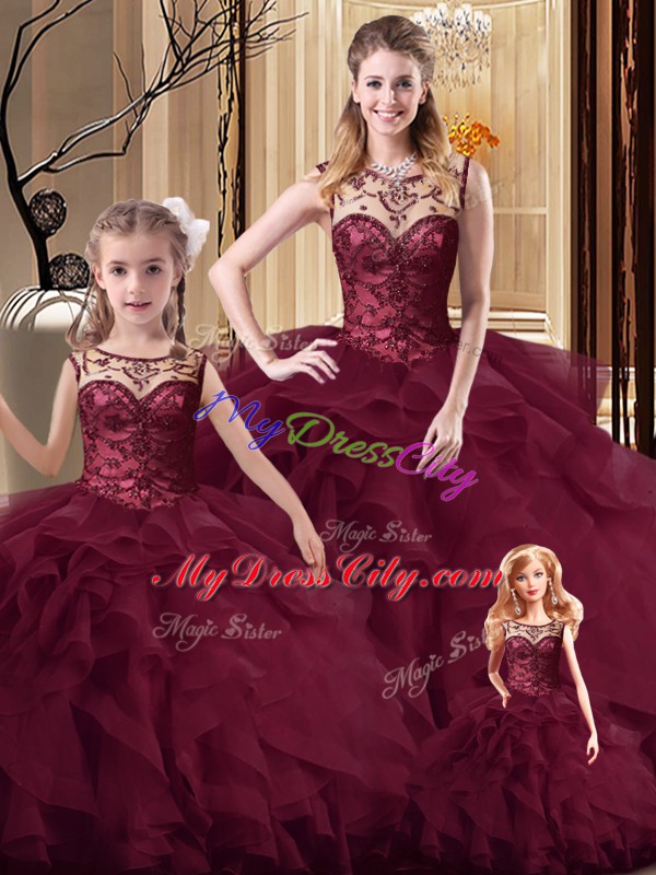 Clearance Ball Gowns Sleeveless Burgundy 15 Quinceanera Dress Brush Train Lace Up