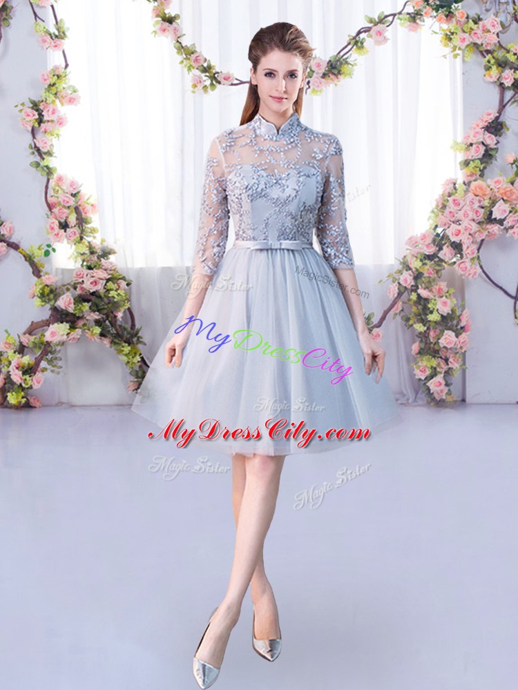 Suitable Empire Vestidos de Damas Grey High-neck Tulle Half Sleeves Knee Length Lace Up