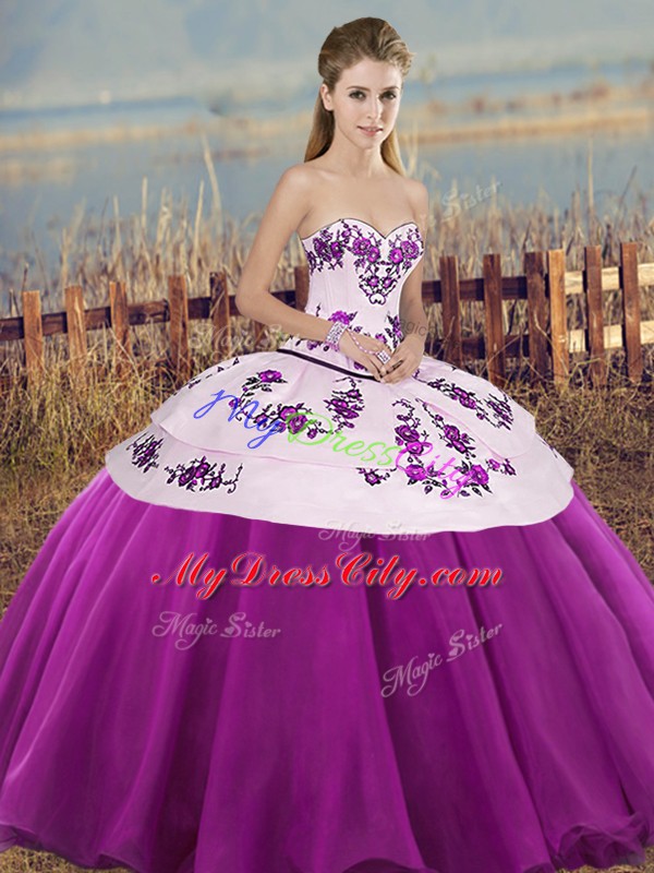 Ball Gowns Sweet 16 Dress White And Purple Sweetheart Tulle Sleeveless Floor Length Lace Up