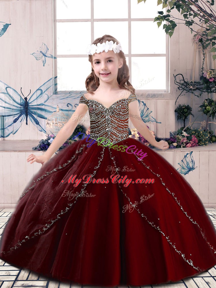 Beauteous Wine Red Lace Up High School Pageant Dress Beading Sleeveless Floor Length