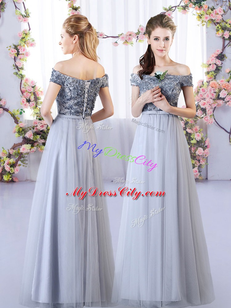 Empire Quinceanera Court Dresses Grey Off The Shoulder Tulle Sleeveless Floor Length Lace Up