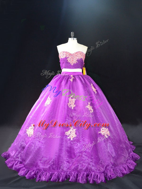 Charming Purple Sweetheart Zipper Appliques 15th Birthday Dress Brush Train Sleeveless