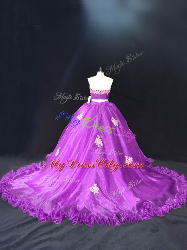 Charming Purple Sweetheart Zipper Appliques 15th Birthday Dress Brush Train Sleeveless