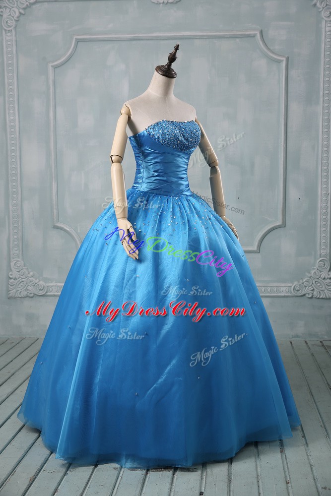 Luxury Baby Blue Lace Up Quince Ball Gowns Beading and Sequins Sleeveless Floor Length