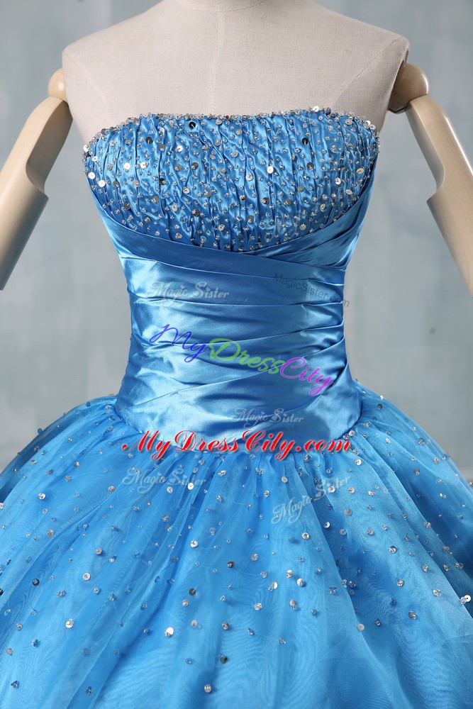 Luxury Baby Blue Lace Up Quince Ball Gowns Beading and Sequins Sleeveless Floor Length