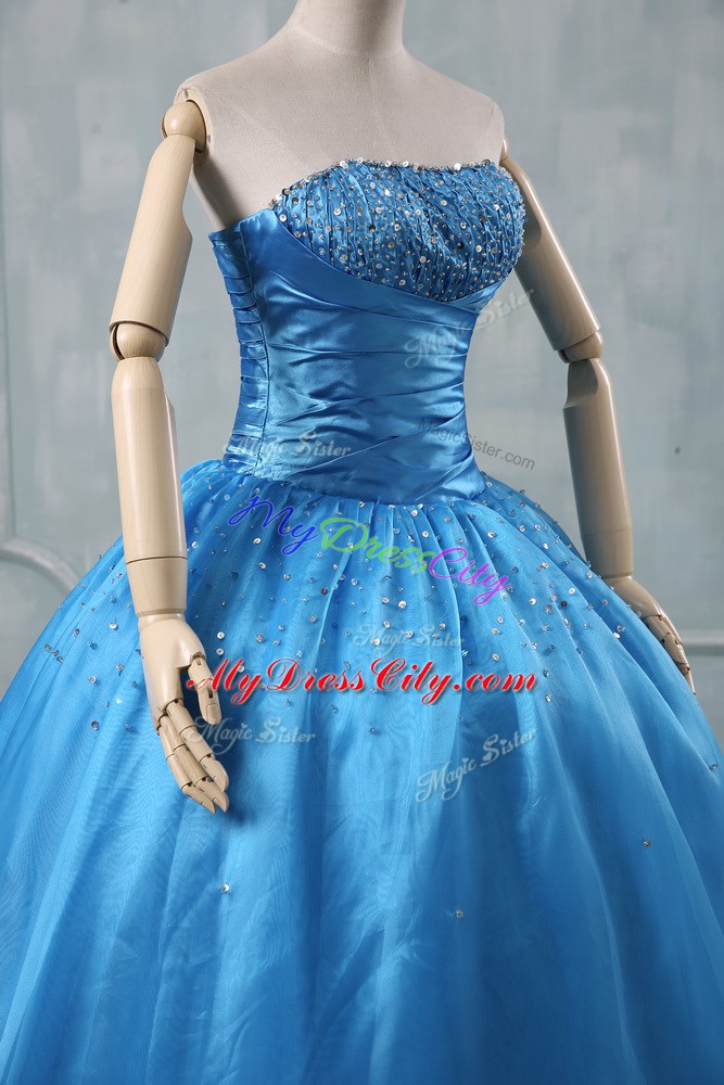 Luxury Baby Blue Lace Up Quince Ball Gowns Beading and Sequins Sleeveless Floor Length