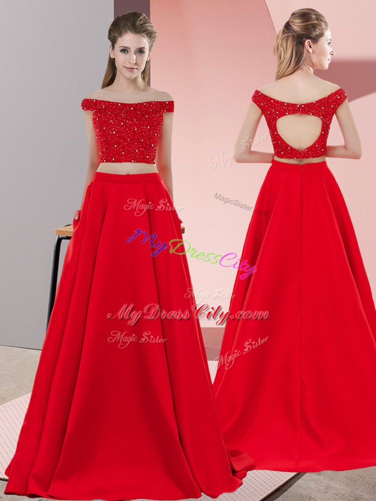 Red Homecoming Dress Prom and Party with Beading Off The Shoulder Sleeveless Sweep Train Backless