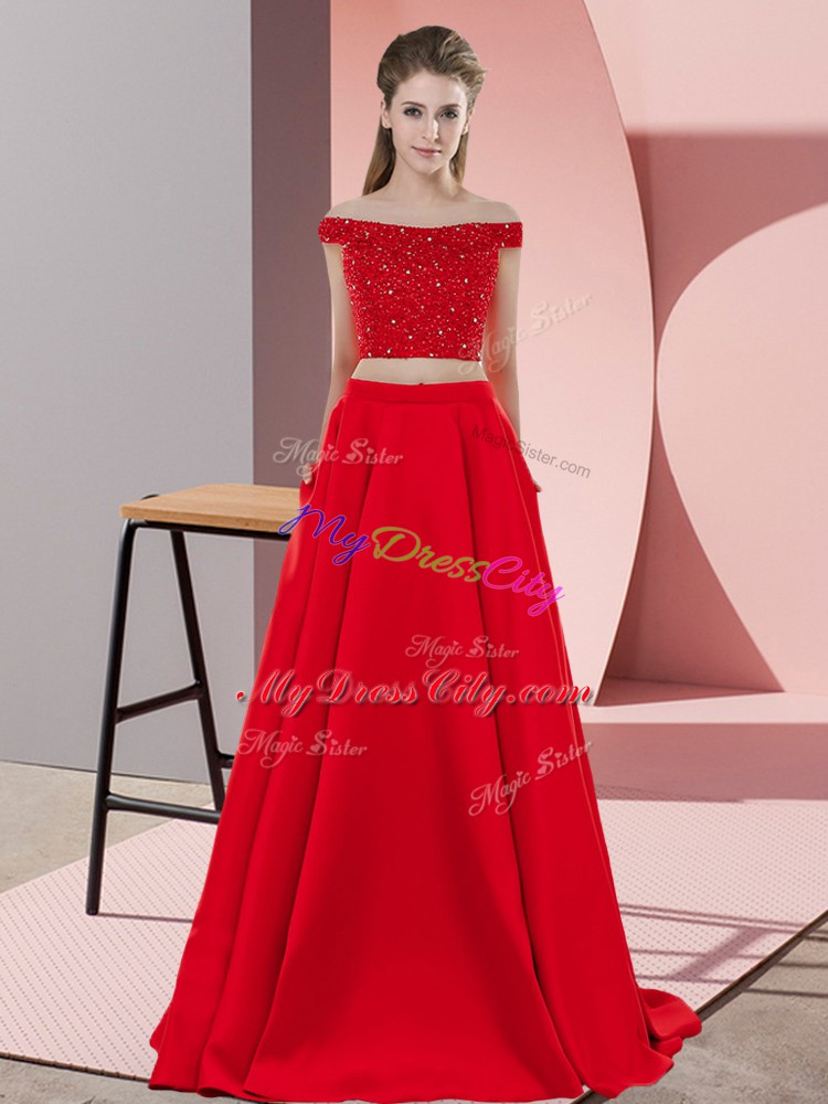 Red Homecoming Dress Prom and Party with Beading Off The Shoulder Sleeveless Sweep Train Backless