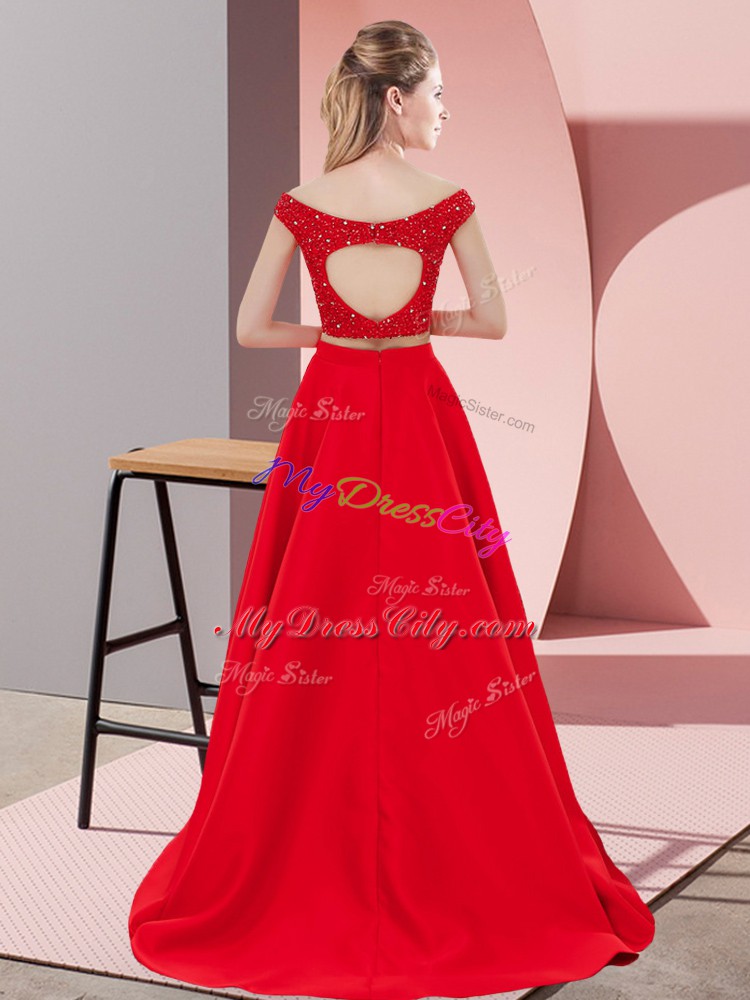 Red Homecoming Dress Prom and Party with Beading Off The Shoulder Sleeveless Sweep Train Backless