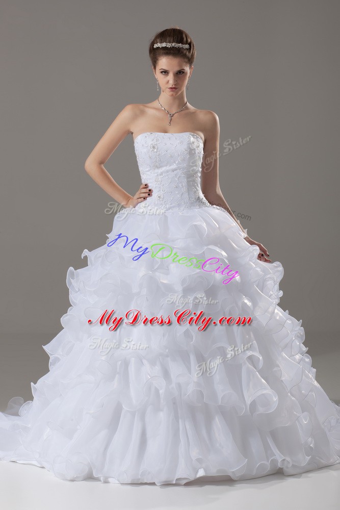 Strapless Sleeveless Brush Train Lace Up Wedding Dress White Organza