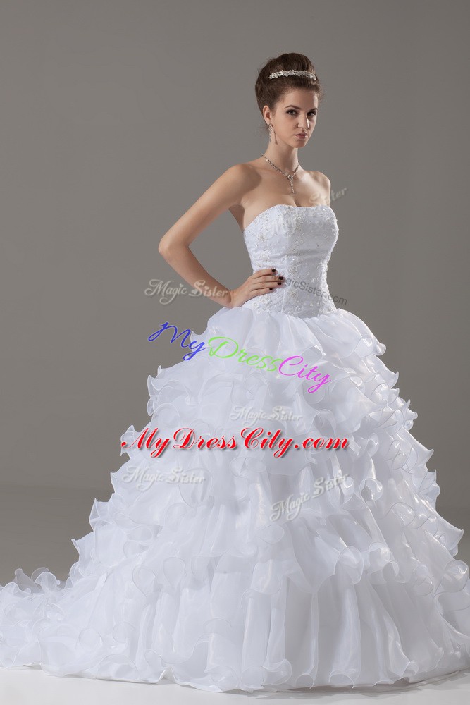 Strapless Sleeveless Brush Train Lace Up Wedding Dress White Organza