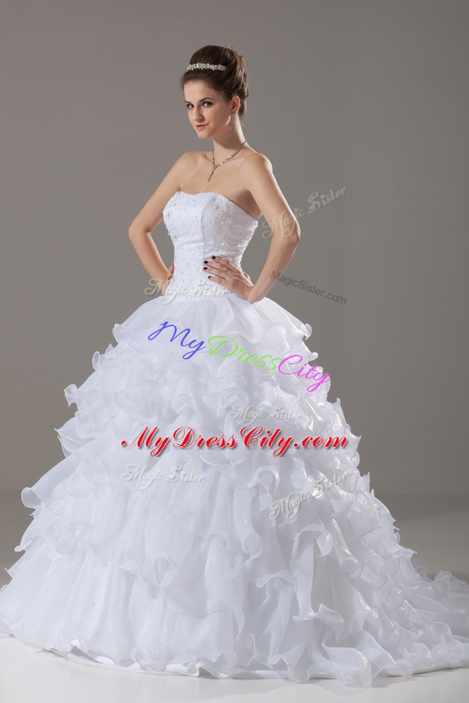 Strapless Sleeveless Brush Train Lace Up Wedding Dress White Organza