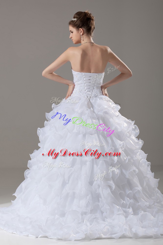 Strapless Sleeveless Brush Train Lace Up Wedding Dress White Organza