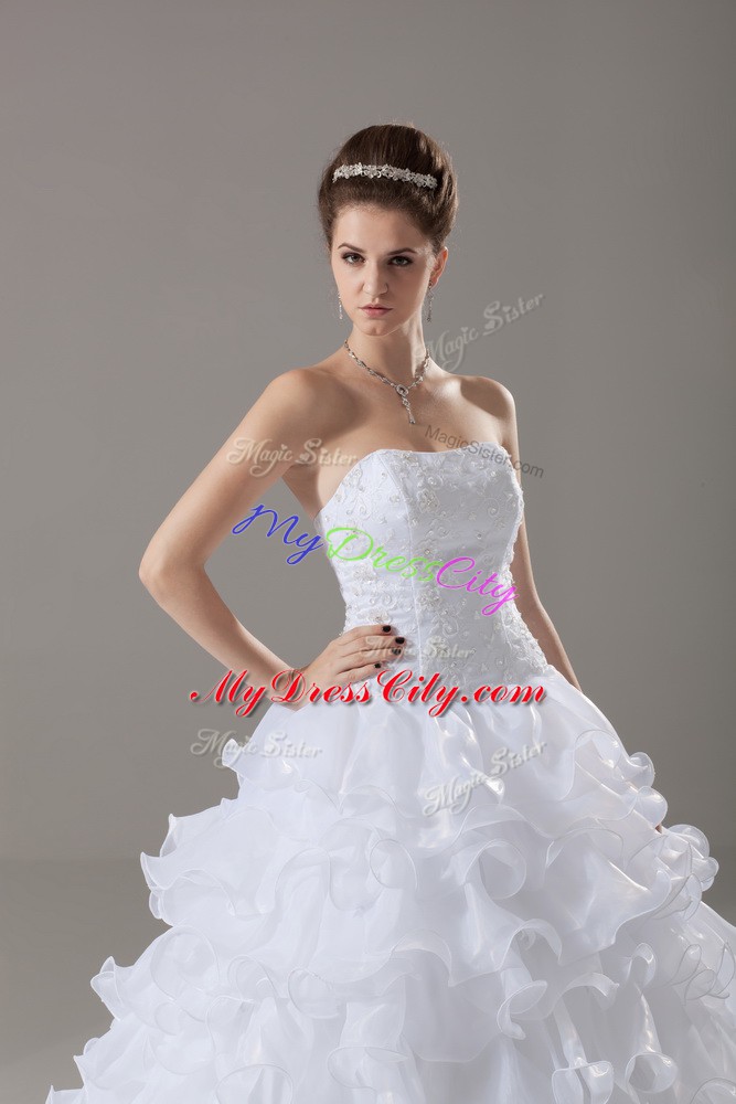 Strapless Sleeveless Brush Train Lace Up Wedding Dress White Organza