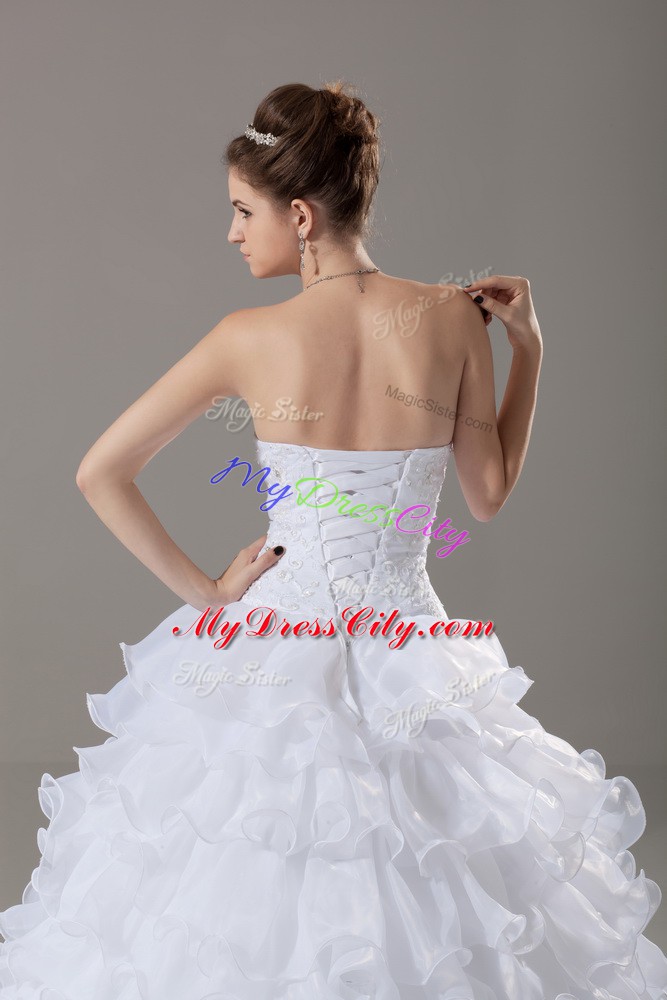 Strapless Sleeveless Brush Train Lace Up Wedding Dress White Organza