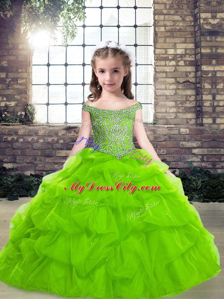 Off The Shoulder Sleeveless Pageant Dress for Teens Floor Length Beading and Pick Ups Organza