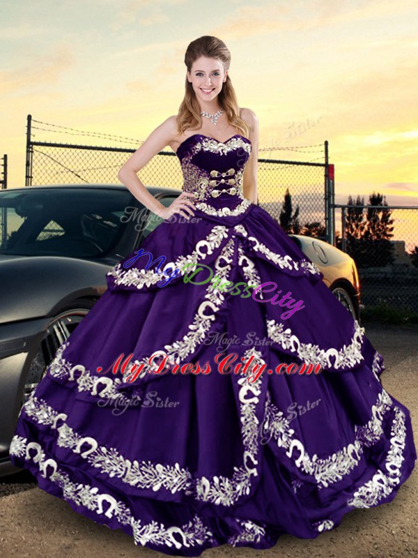 Clearance Purple Ball Gown Prom Dress Sweet 16 and Quinceanera with Embroidery and Ruffled Layers Sweetheart Sleeveless Lace Up