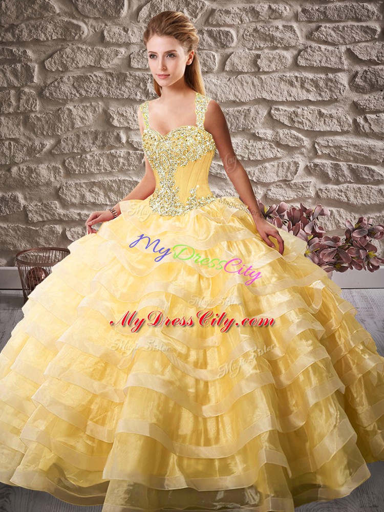 Customized Sleeveless Court Train Lace Up Beading and Ruffled Layers Quinceanera Gown