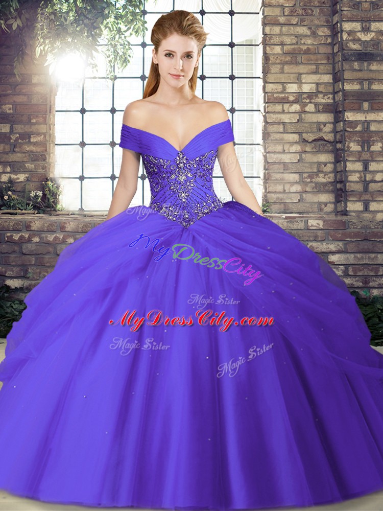 Purple Tulle Lace Up 15th Birthday Dress Sleeveless Brush Train Beading and Pick Ups