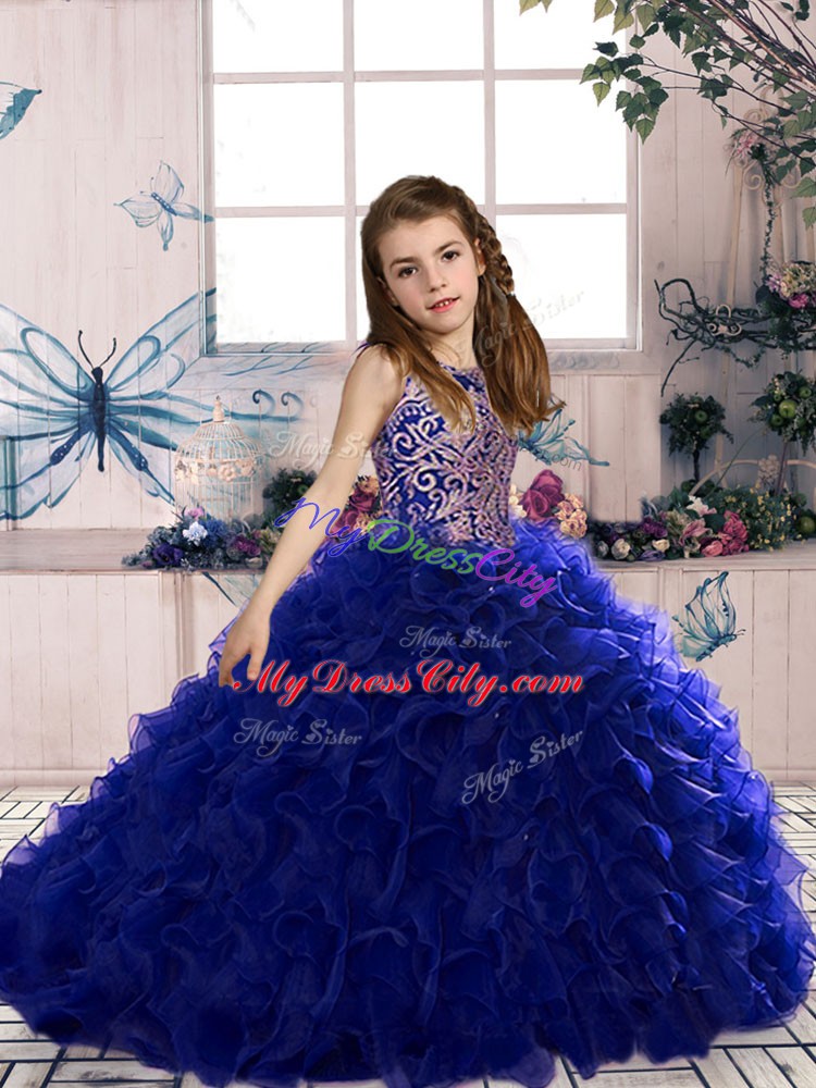 Sleeveless Floor Length Beading and Ruffles Lace Up Child Pageant Dress with Royal Blue