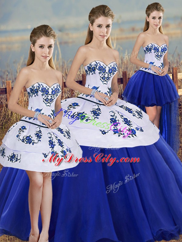 Top Selling Royal Blue Ball Gowns Tulle Sweetheart Sleeveless Embroidery and Bowknot Floor Length Lace Up Sweet 16 Dress