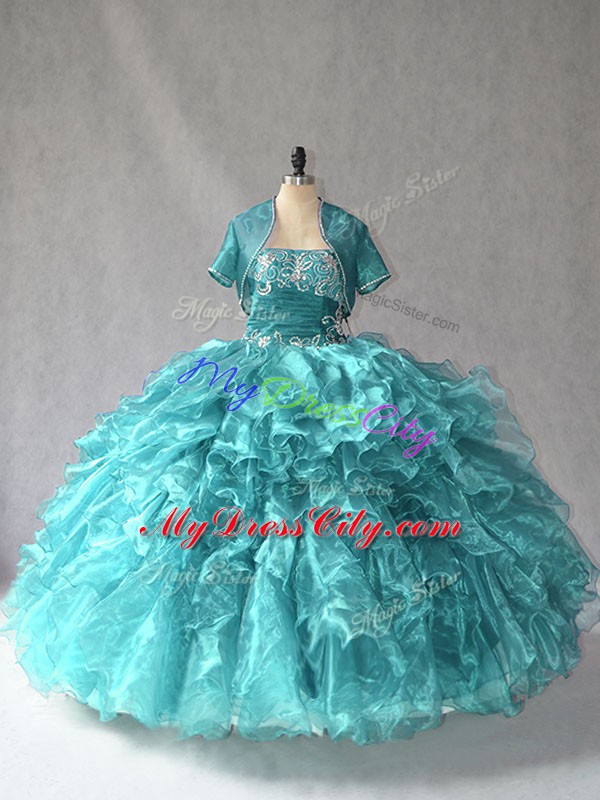 Strapless Sleeveless Lace Up Quinceanera Dress Turquoise Organza