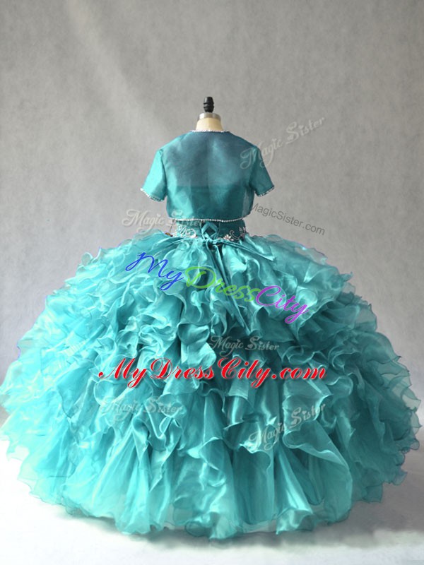 Strapless Sleeveless Lace Up Quinceanera Dress Turquoise Organza