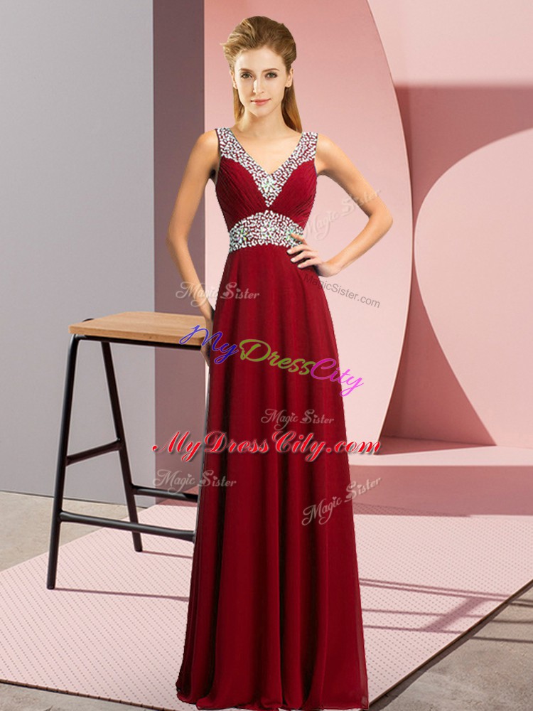 Colorful Burgundy Chiffon Lace Up V-neck Sleeveless Floor Length Dress for Prom Beading