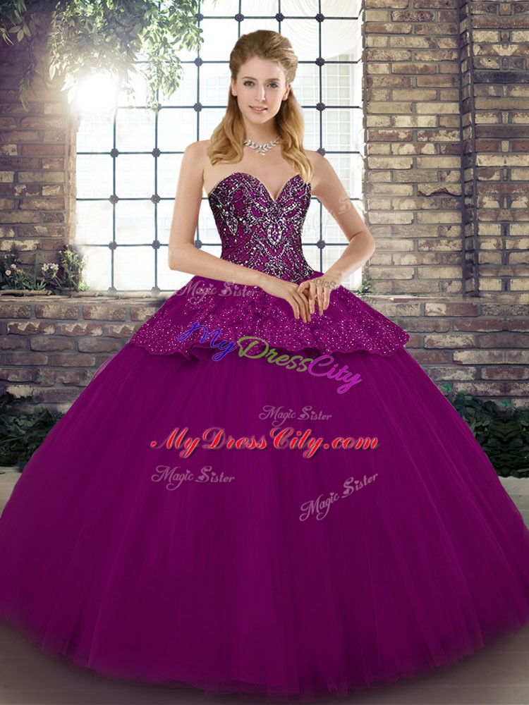 Glorious Fuchsia Sleeveless Floor Length Beading and Appliques Lace Up Quince Ball Gowns